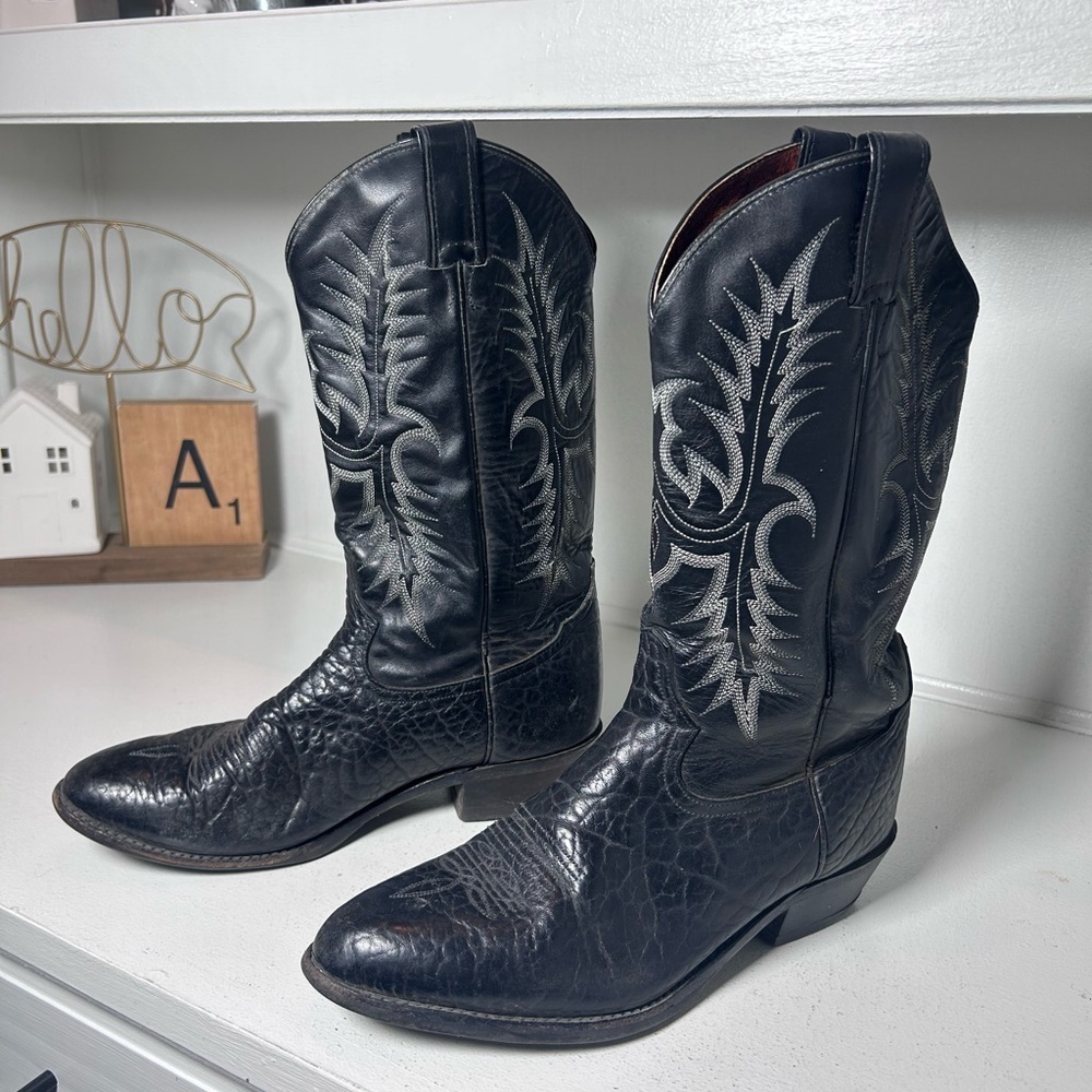 Vintage Tony Lama Men Black Leather Cowboy Boots Size 10 Classic Western Stitch